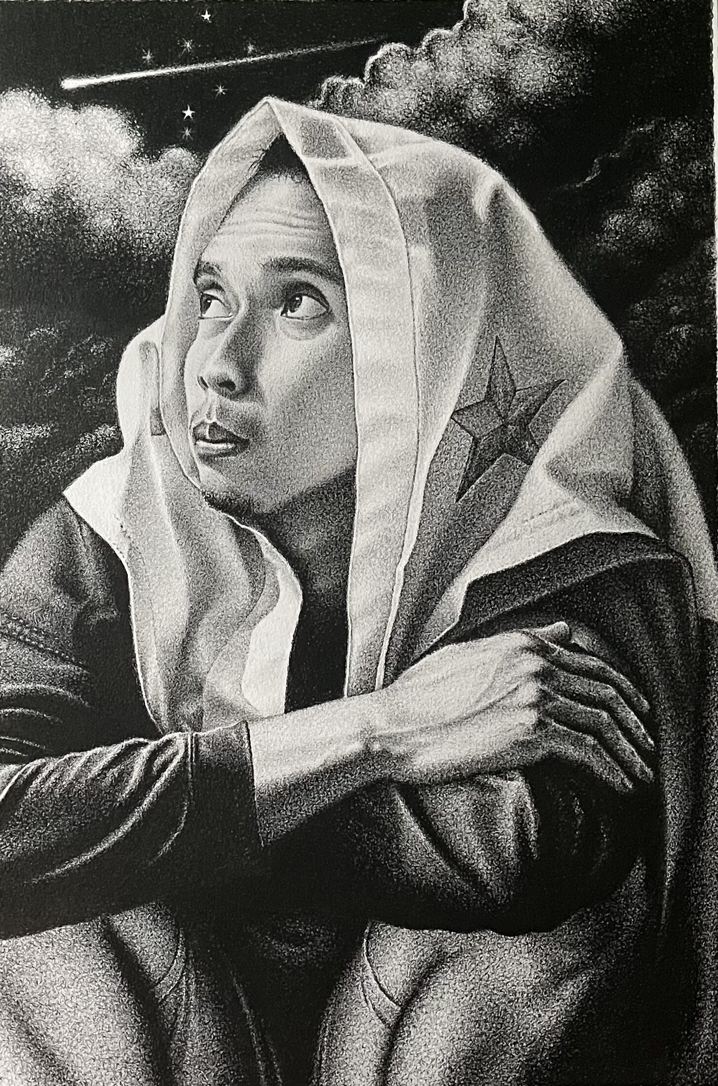 Hiling — a young man wrapped in the Philippine flag looking at a shooting star