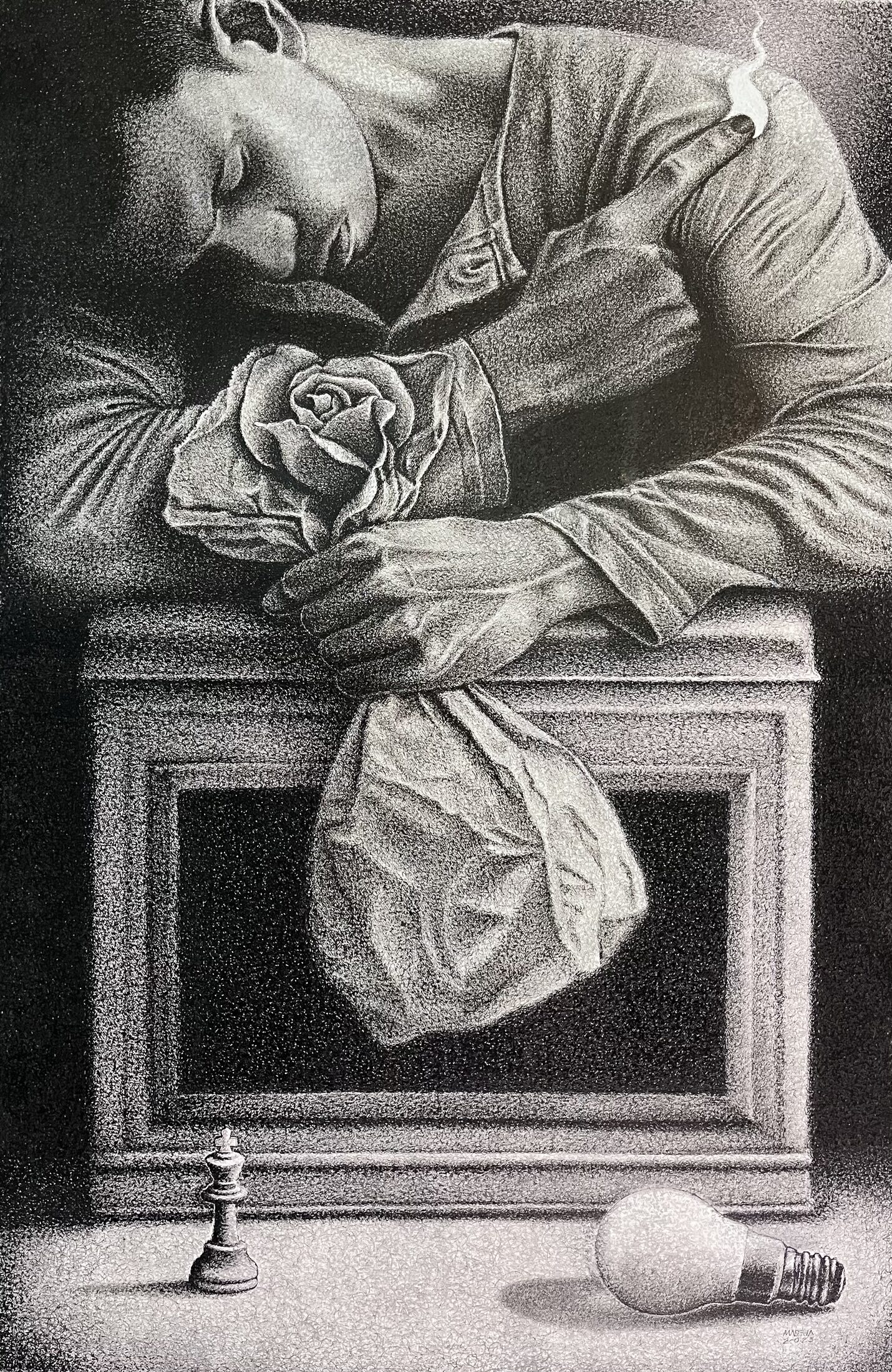 Iyo, Akin — a sleeping figure resting on a frame, holding a rose