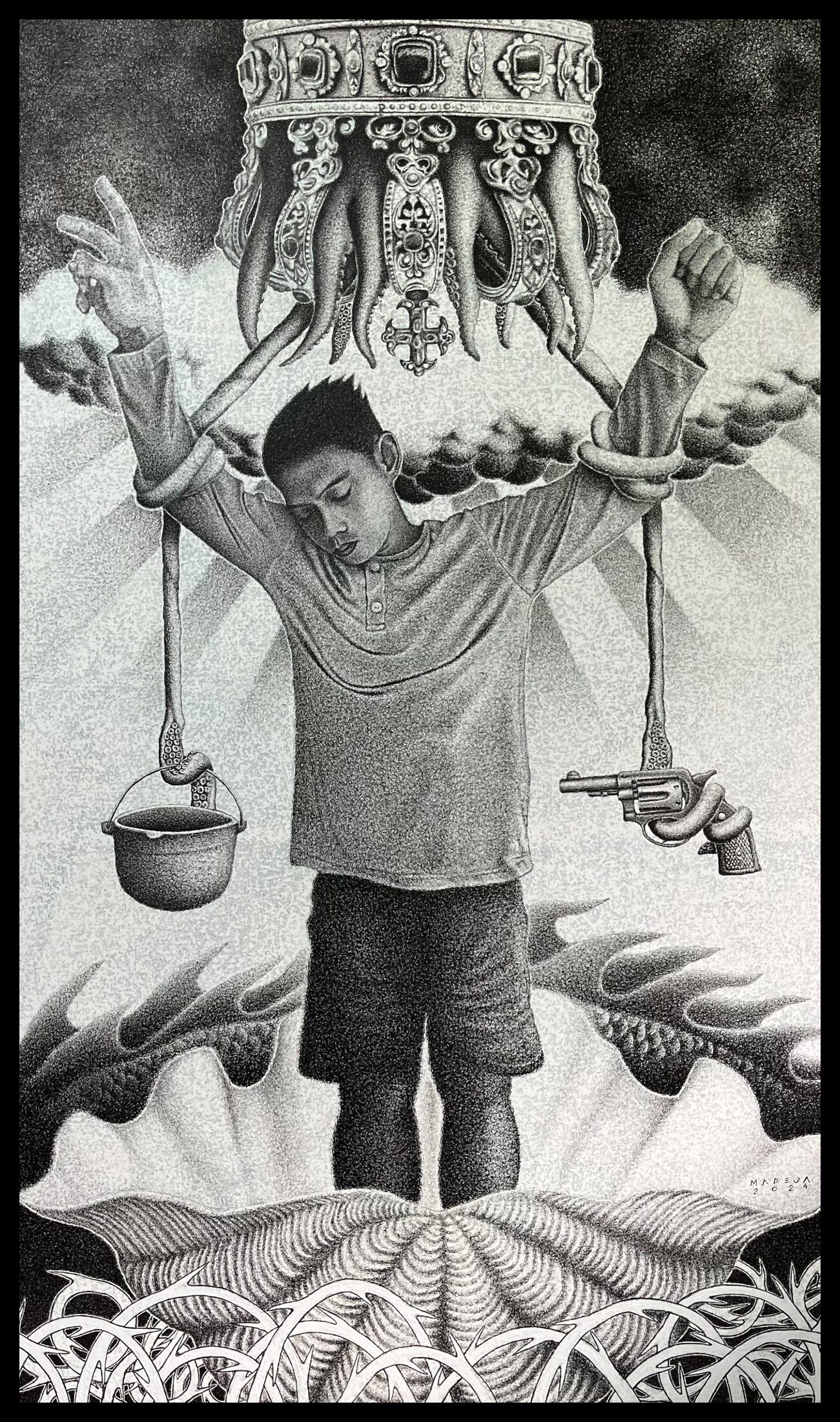 Lupang Pangako — a boy bound to a tentacled crown, holding a pot and a gun