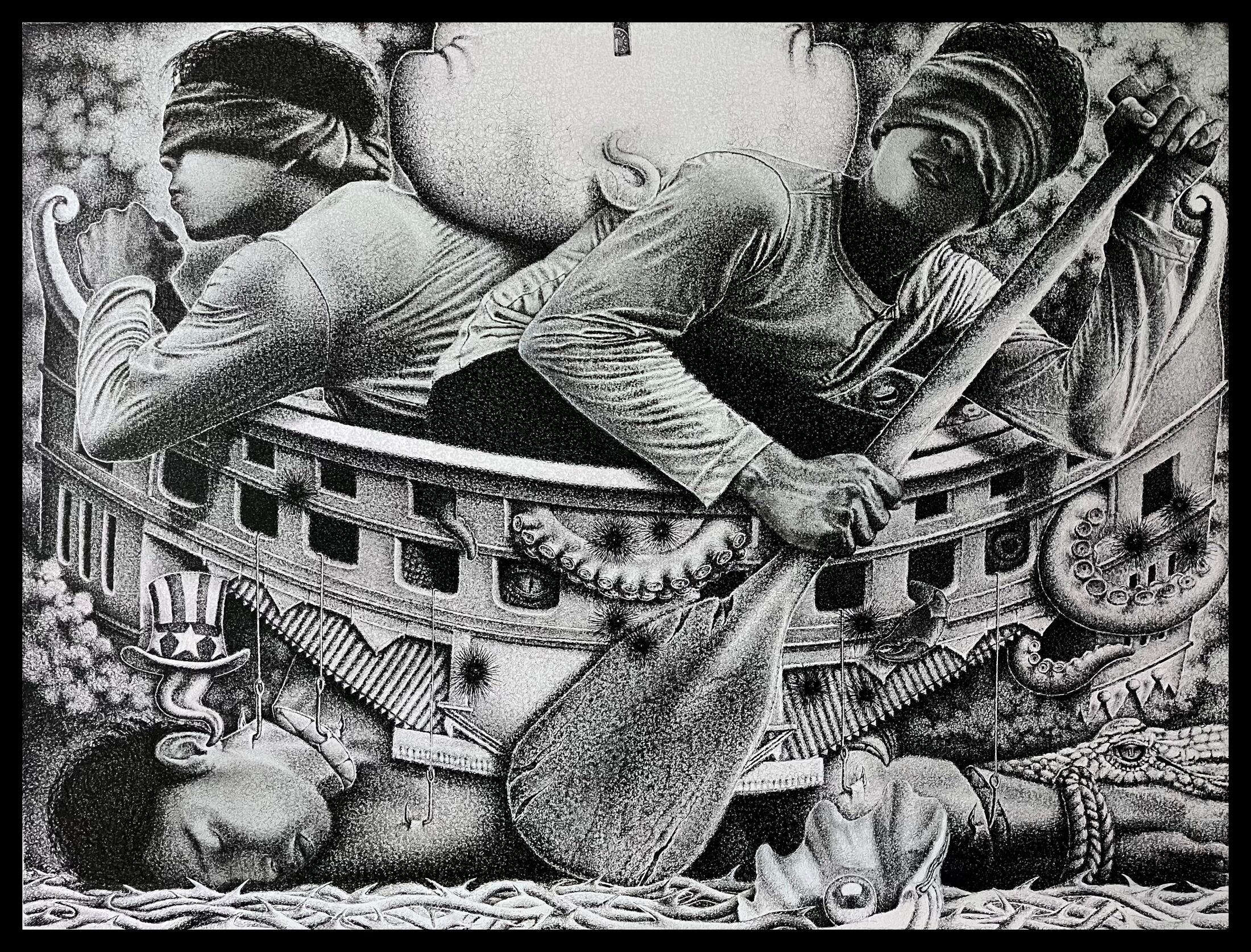 Pasan Patungo — two blindfolded figures rowing a galleon ship