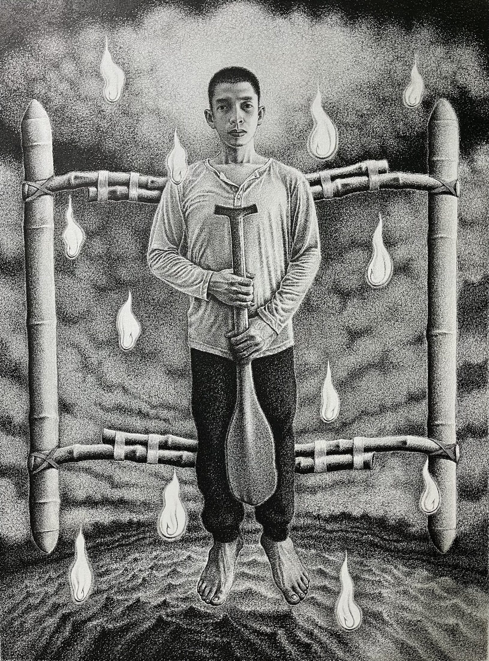 Santelmo — a young man between bamboo rafts surrounded by floating flames