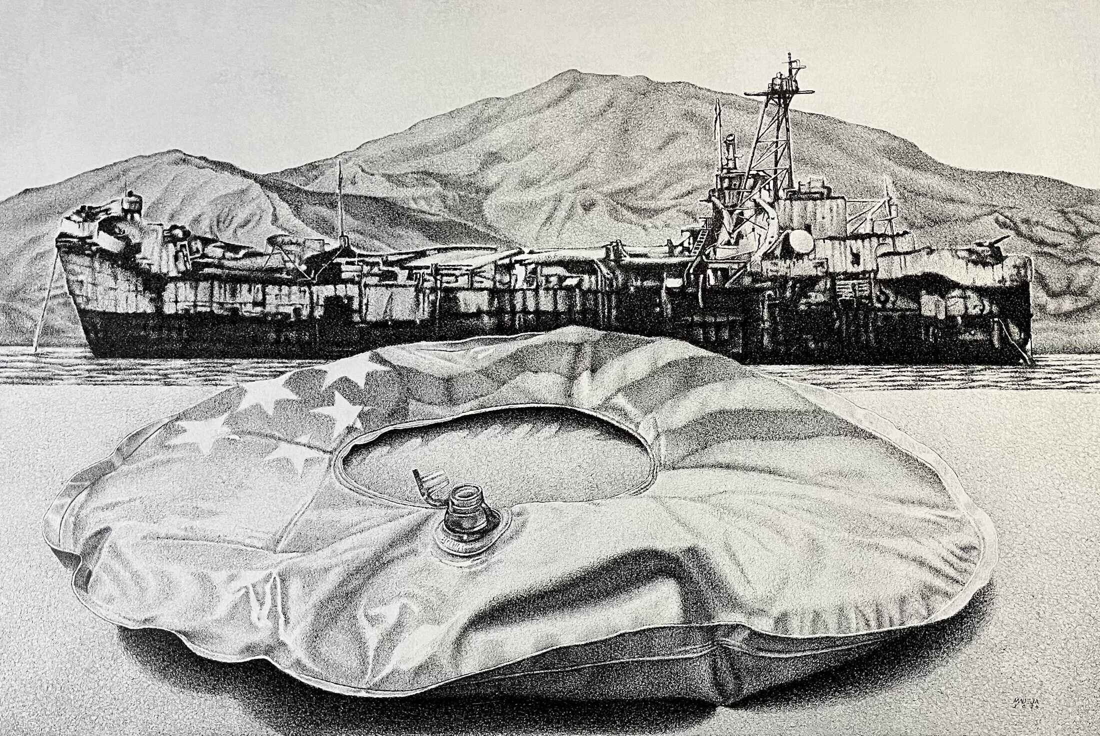 Tabing dagat — a deflated American-flag inflatable on a beach with a warship in the distance