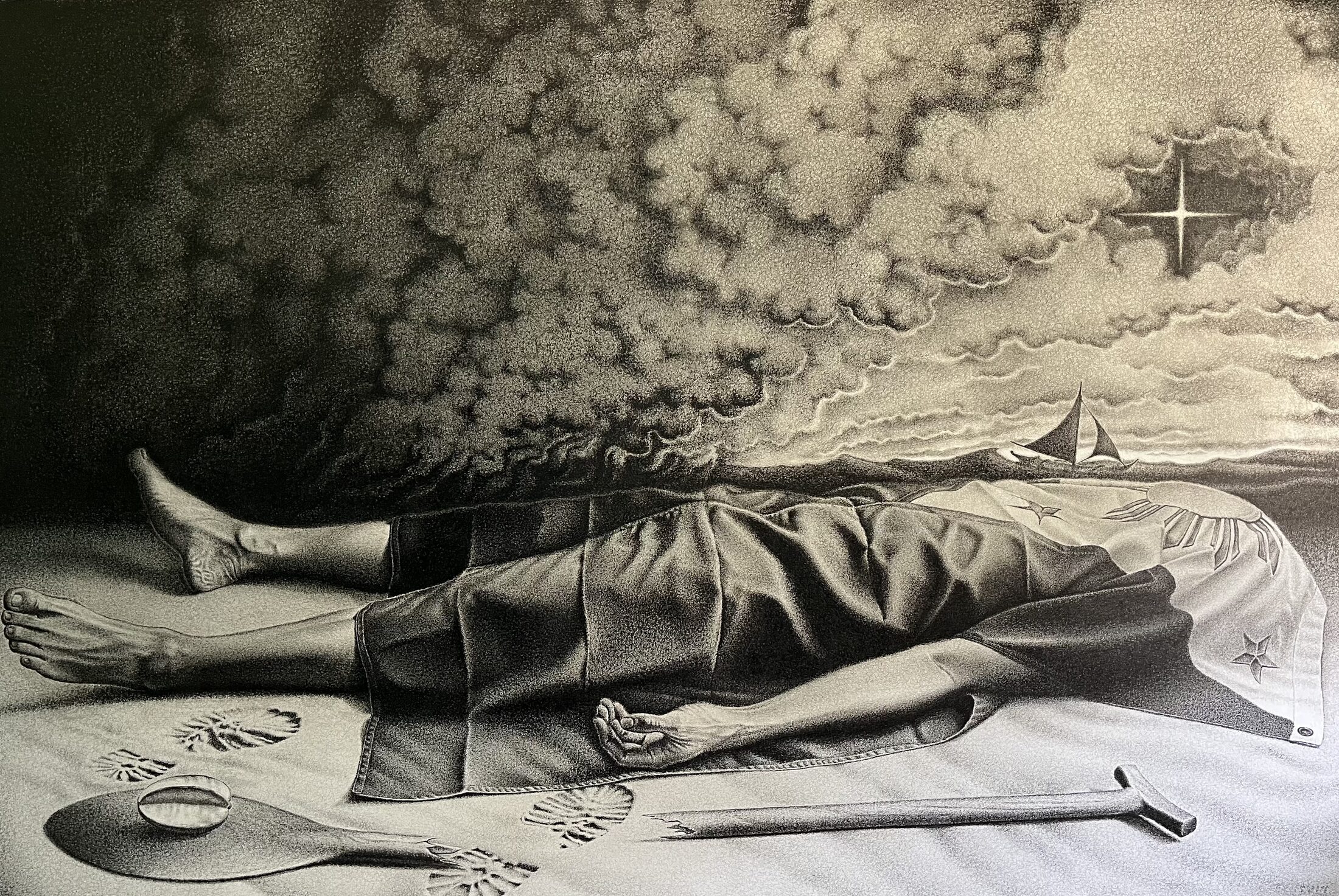 Watak-Watak ang Tala ng Watawat — a fallen figure covered by the flag, smoke rising