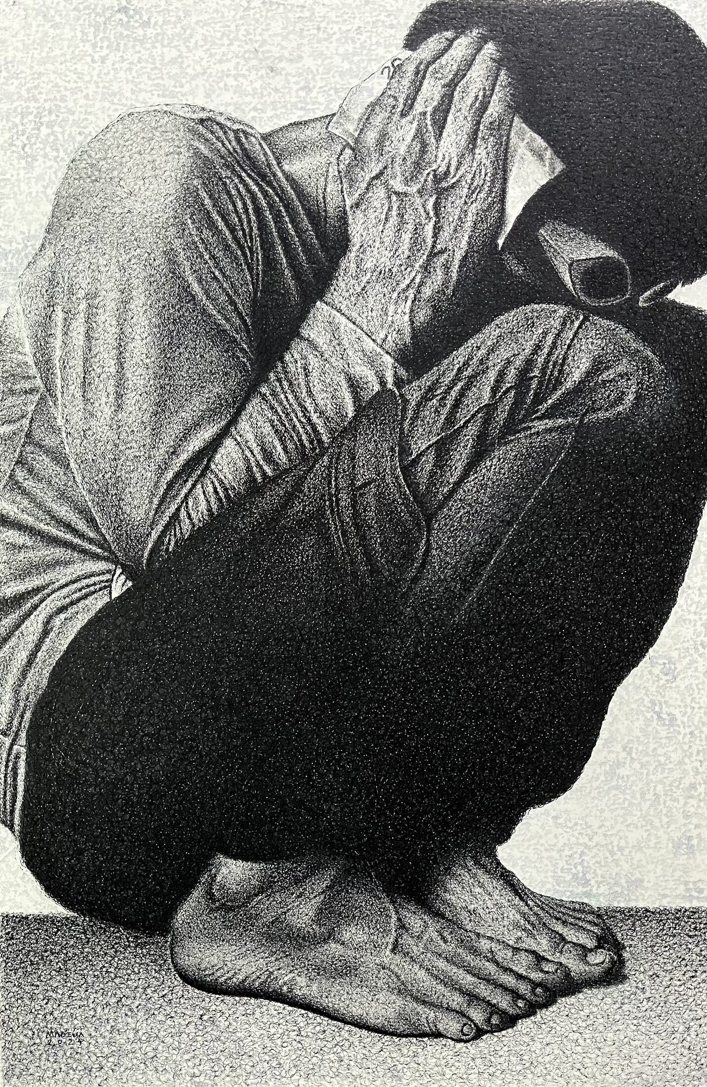 Bingi — a kneeling man covering his ears with a bill
