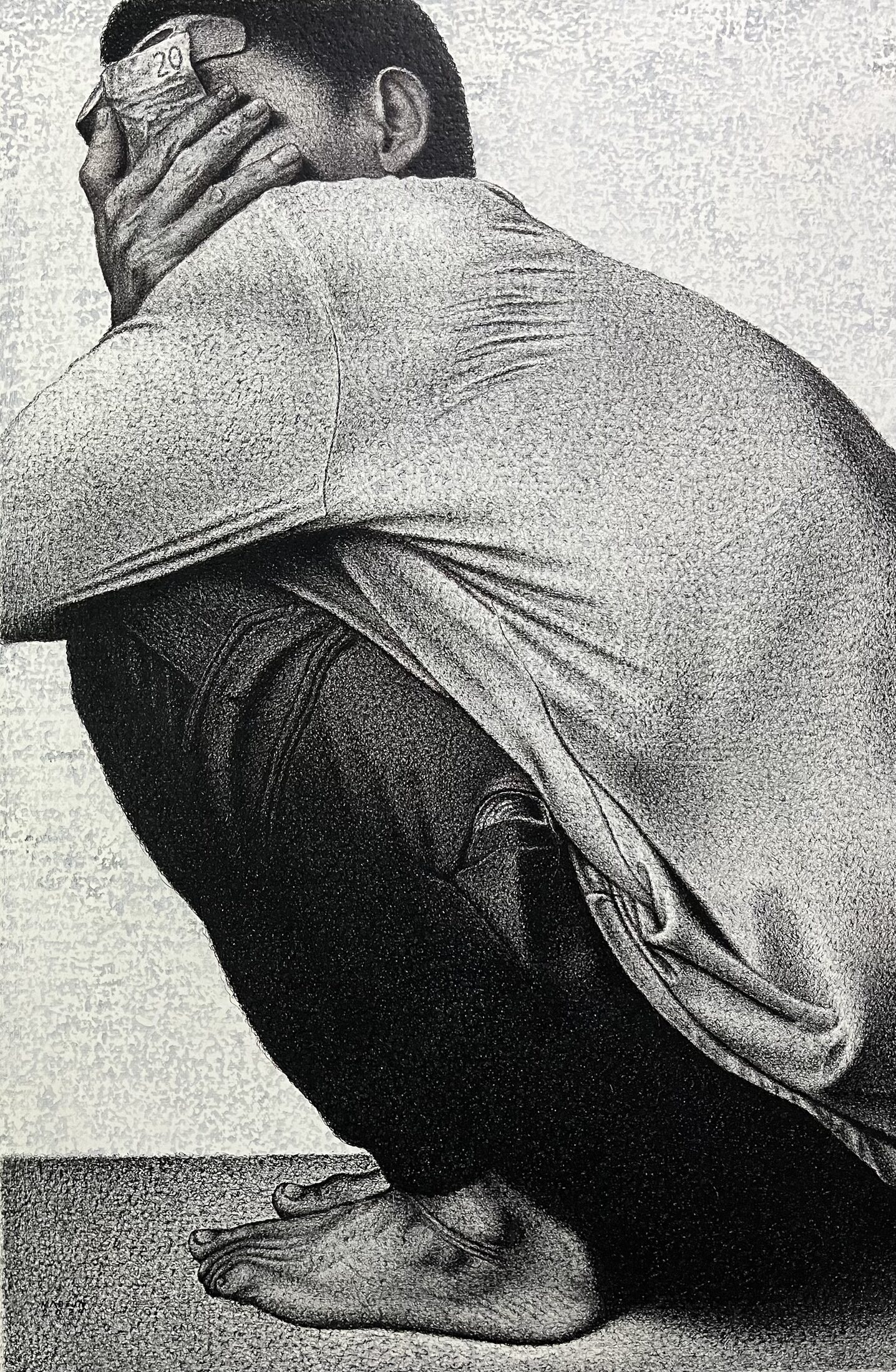 Bulag — a crouching man holding crumpled money to his eyes