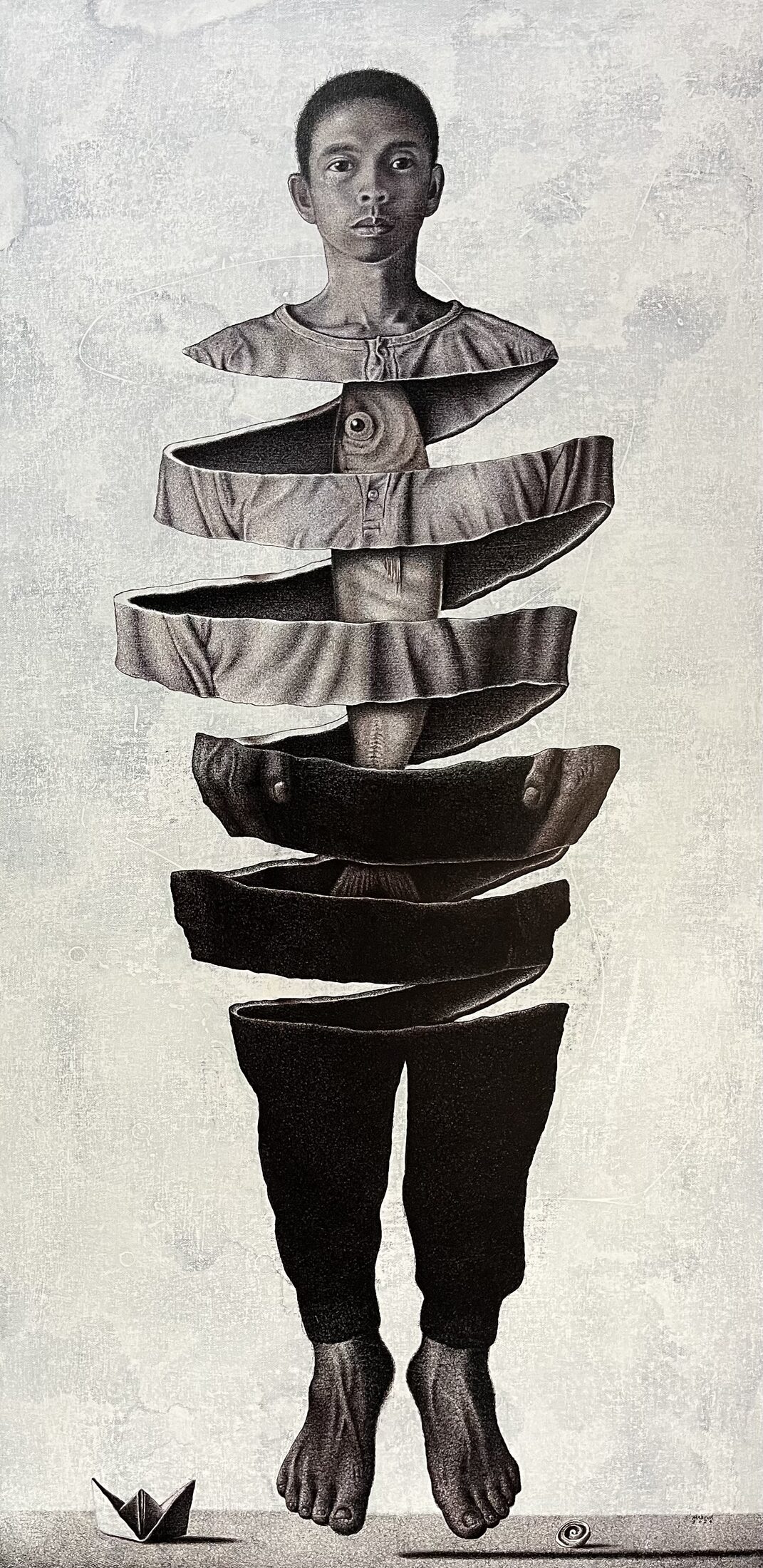 Hanap at Buhay — boy spiraling out of his clothes with a paper boat at his feet