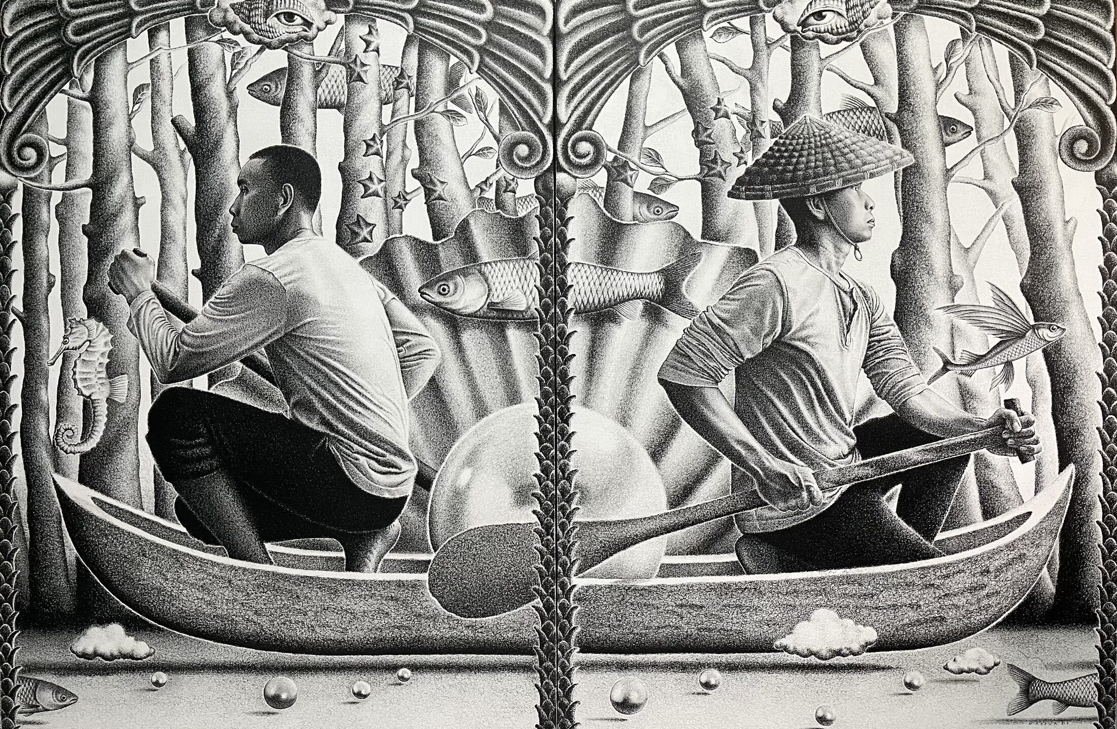 Hanapin ang Sagot — a diptych of two figures in boats among mangrove trunks