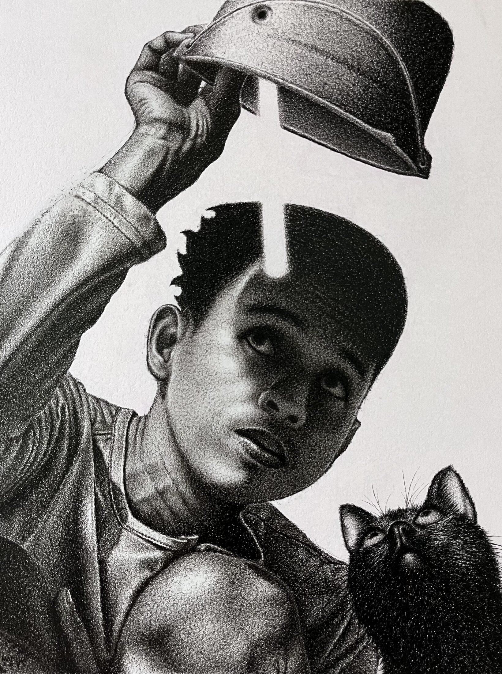 Hugas bigas — boy lifting a pail with cat beside