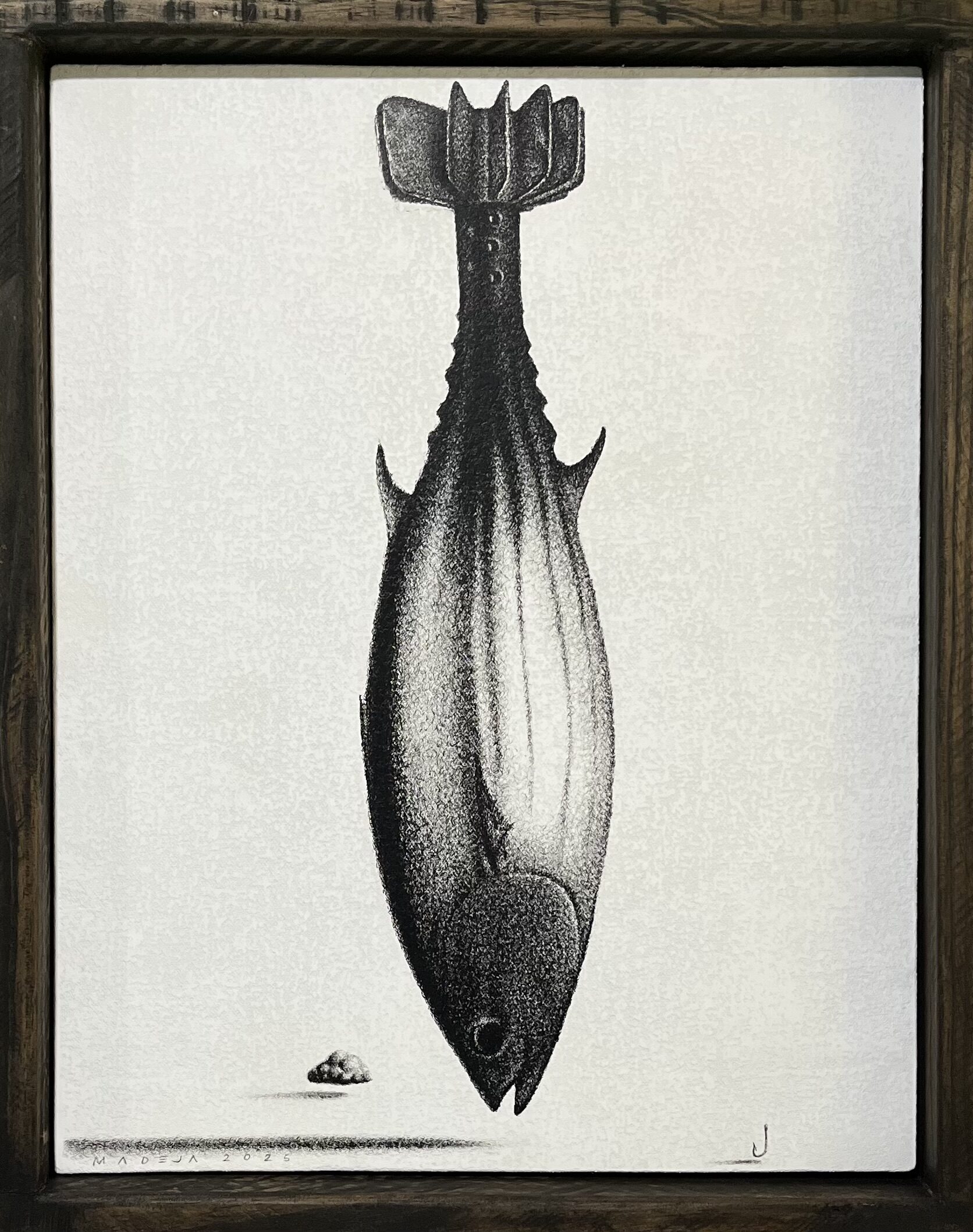 Isda — a single fish hung by the tail, framed in dark wood