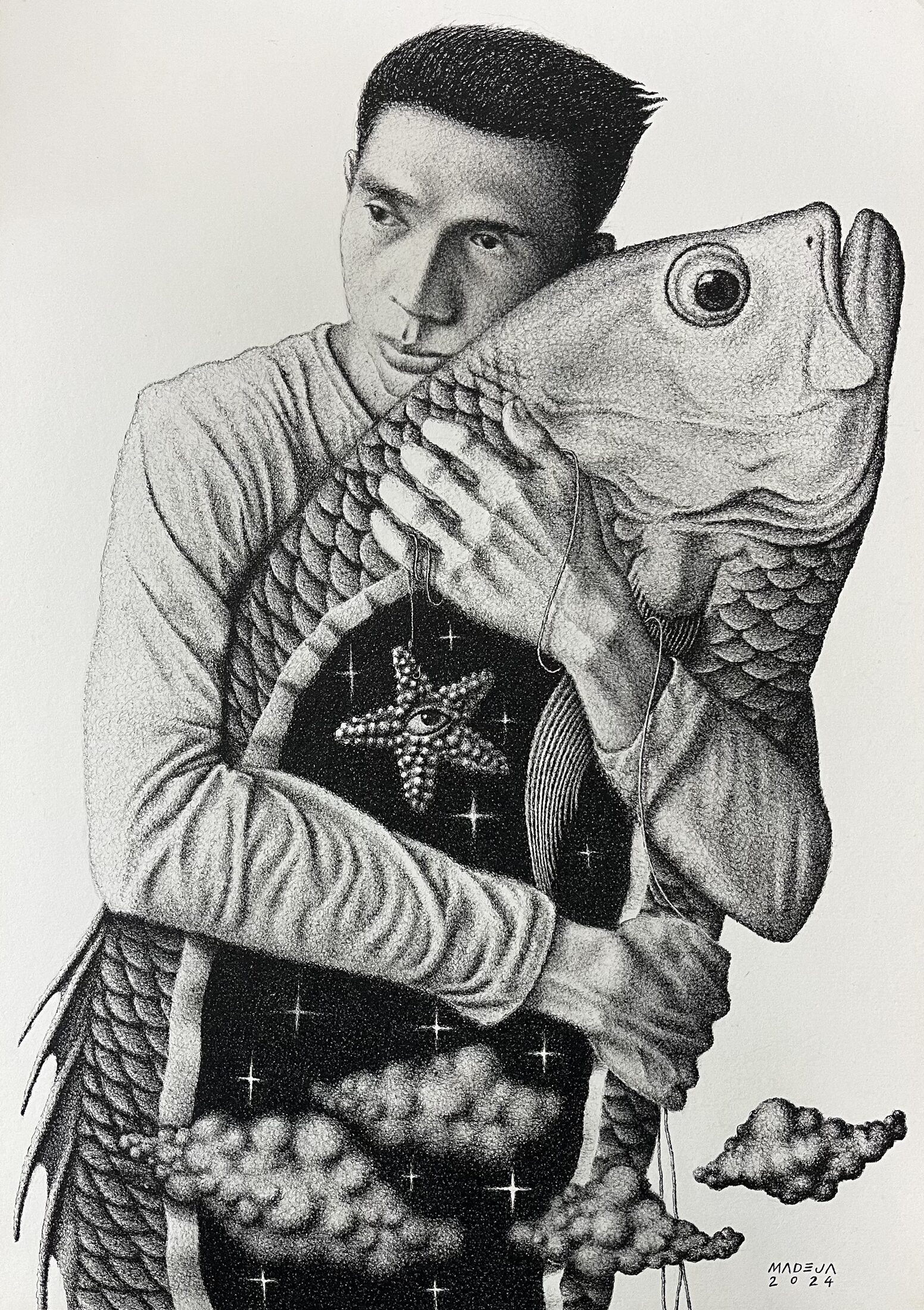 Tala — a man holding a fish with a starlit sky inside his chest
