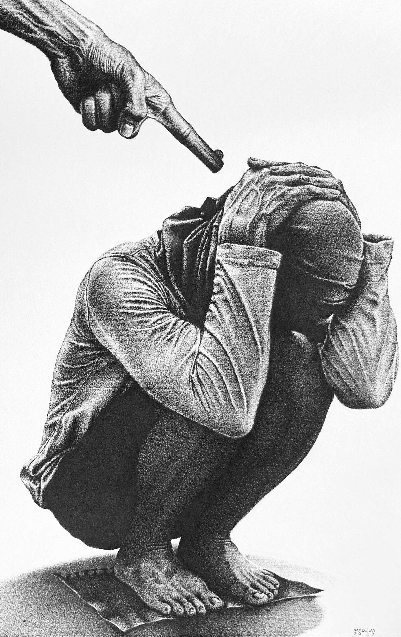 Talaan — a curled figure with a giant accusing finger above